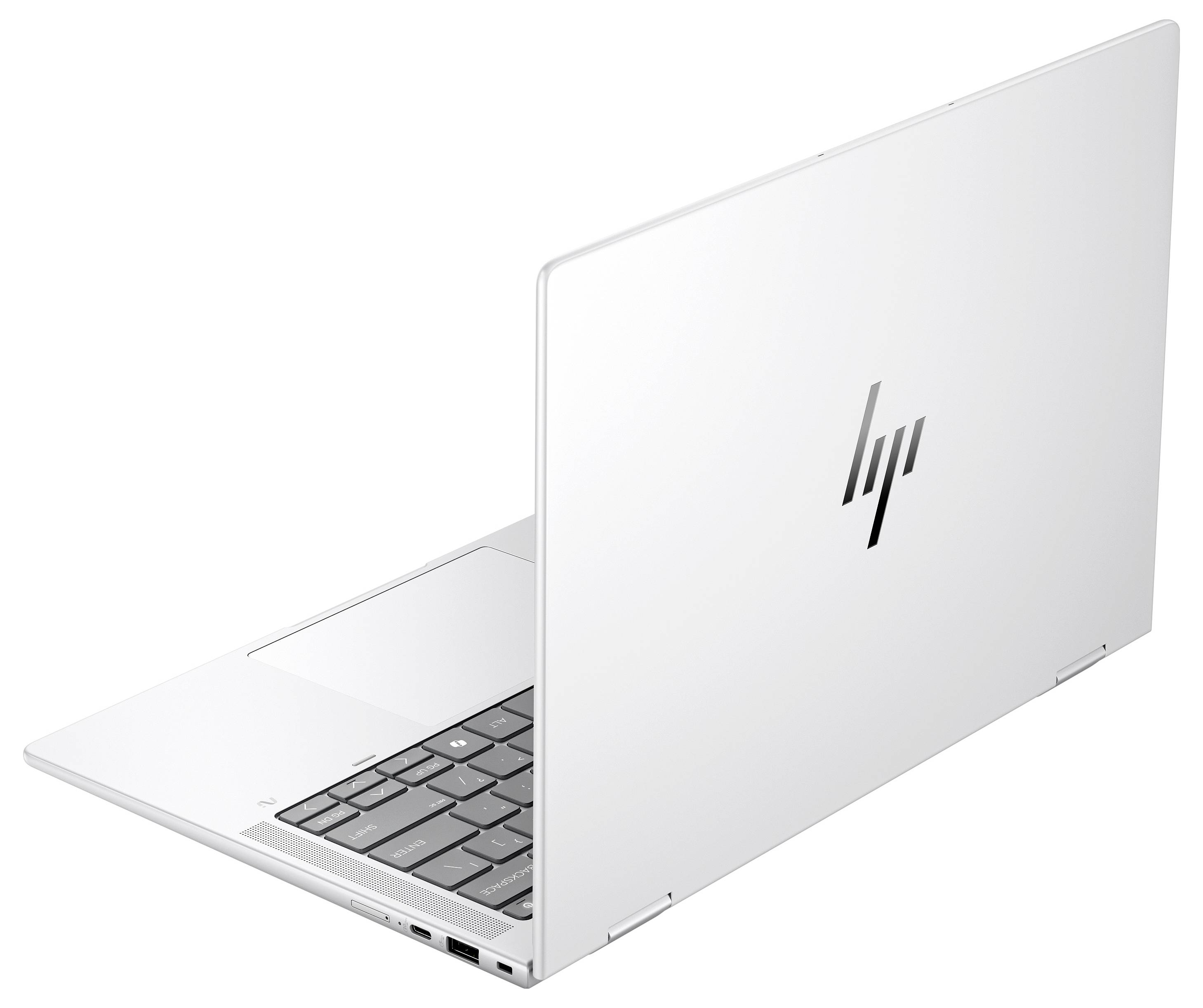 Ein silberner Laptop von HP, geöffnet, mit einer sichtbaren Tastatur. Das schlanke Design zeigt moderne und elegante Linienführung.