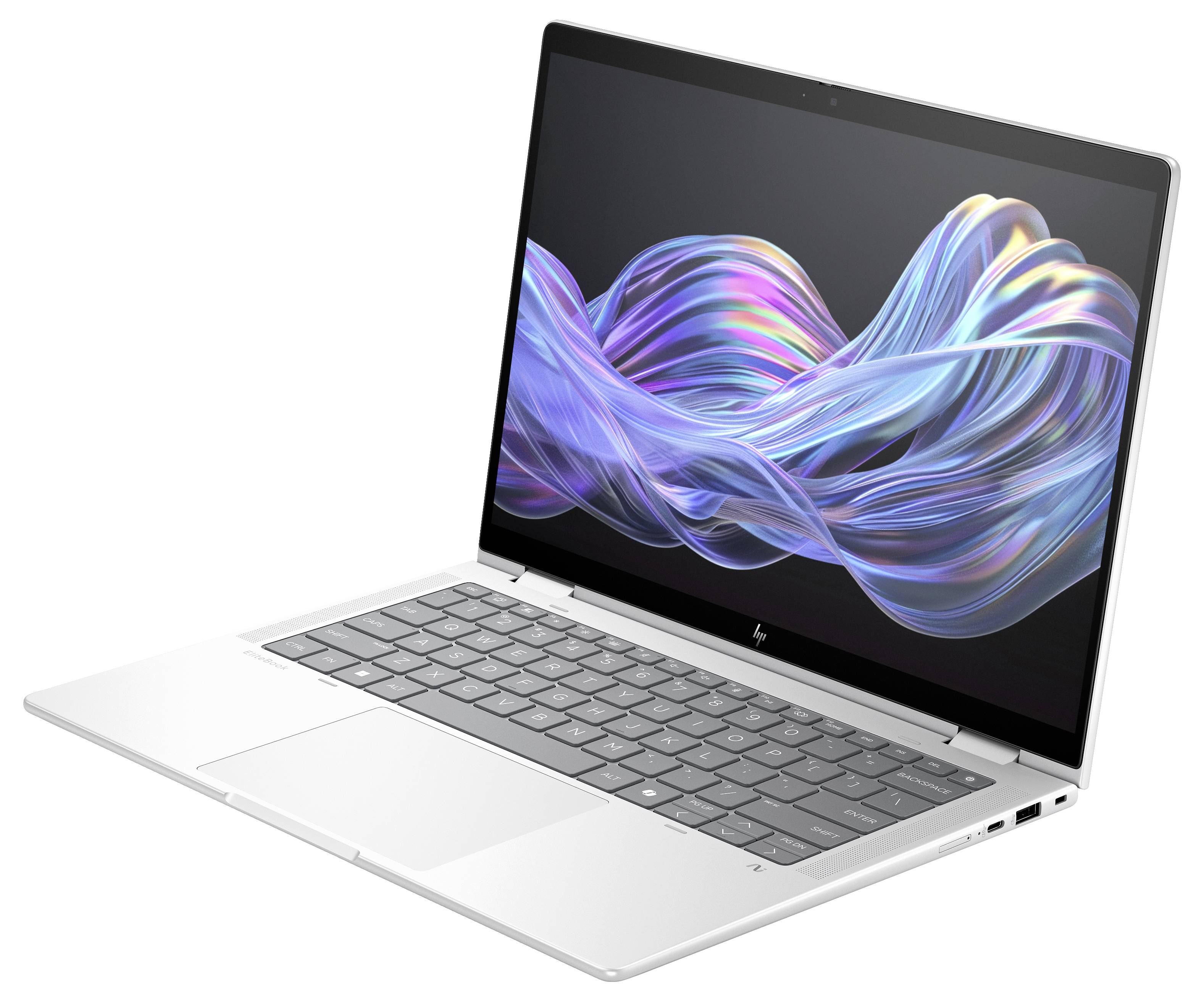 Ein moderner Laptop mit einem animierten, wellenförmigen Bildschirmhintergrund. Das Gerät zeigt eine schlanke Bauweise mit einer dunkelgrauen Tastatur.