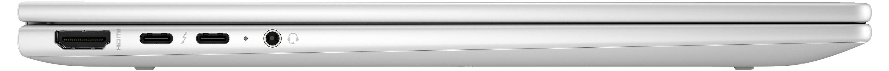 Geschlossener silberner Laptop von der Seite mit sichtbaren Anschlüssen: HDMI, zwei USB-C und Kopfhörerbuchse.