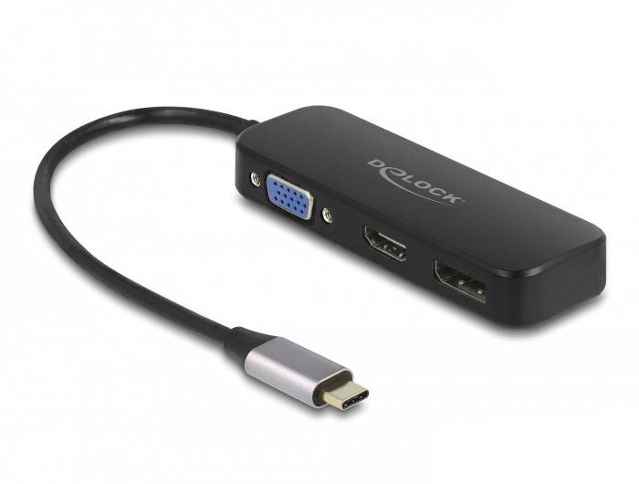 Ein schwarzer USB-C-Adapter mit Anschlüssen für HDMI, VGA und USB-Anschlüsse, geeignet für den Anschluss verschiedener Geräte an einen Computer.