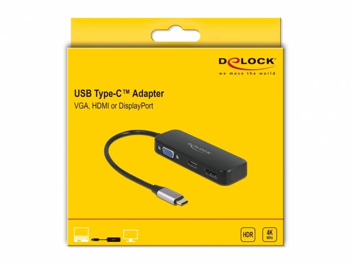 Gelbe Verpackung mit USB Type-C Adapter. Ports: VGA, HDMI, DisplayPort. Aufschrift: 'USB Type-C Adapter'. Marke: DeLOCK.