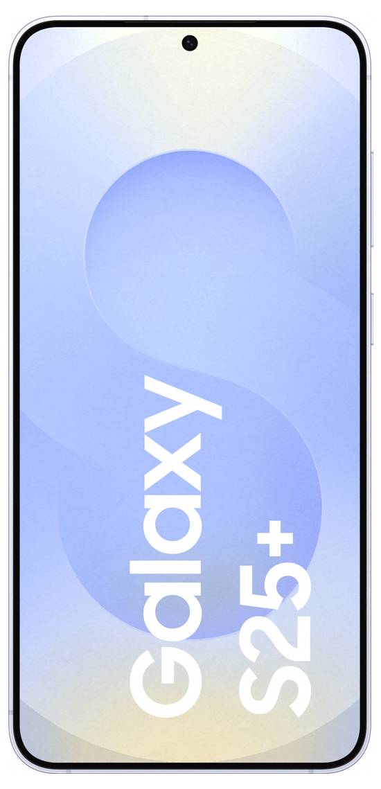 Smartphone-Display mit blauem Hintergrund. Weiße Schrift zeigt 'Galaxy S25+' in geschwungenem Stil dargestellt.