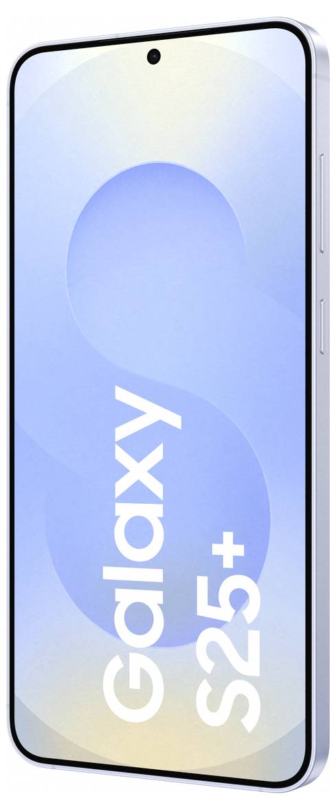 Smartphone mit großem Bildschirm und schmalem Rahmen, Display zeigt 'Galaxy S25+'. Gerät mit seitlichen Tasten, moderne Optik.
