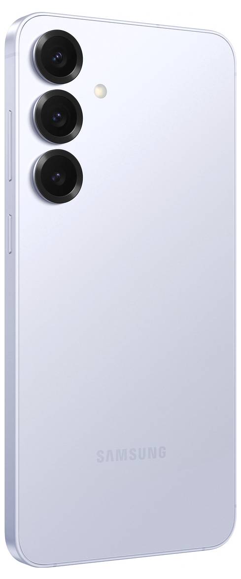 Ein silbernes Smartphone mit drei Kameralinsen auf der Rückseite und dem 'Samsung'-Logo darunter.