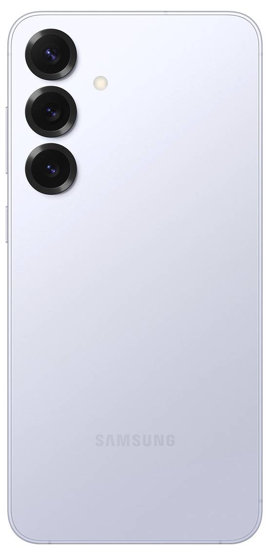 Ein modernes Smartphone mit drei vertikalen Kameralinsen auf der Rückseite. Das Gerät hat ein schlankes, silbernes Design.