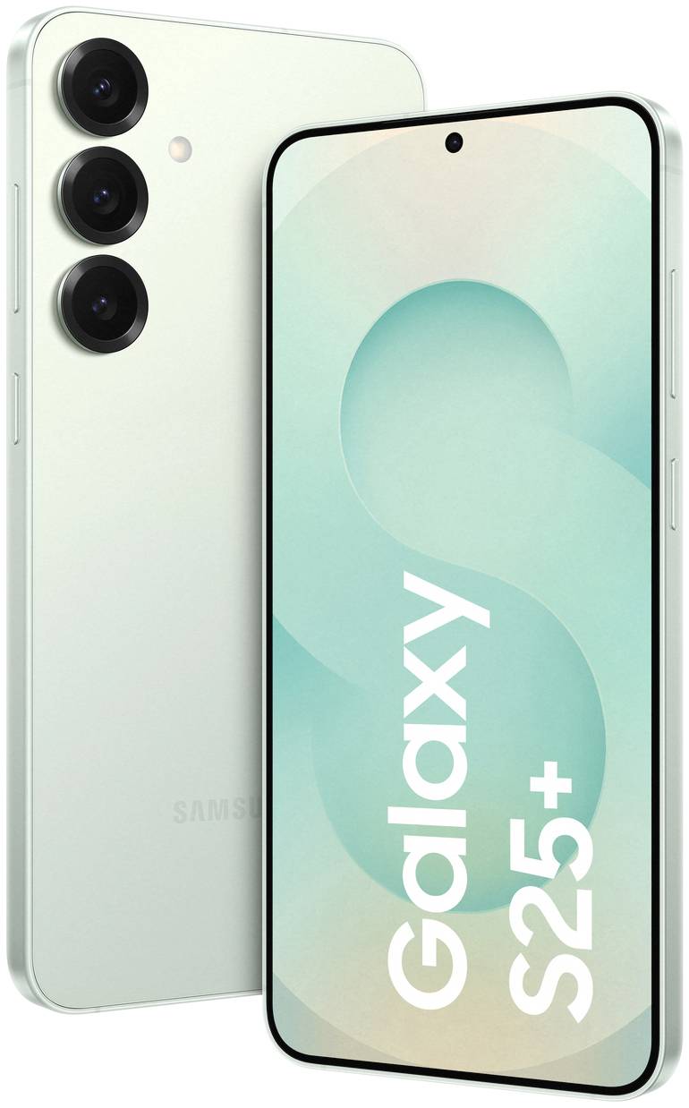 Ein Smartphone-Modell 'Galaxy S25+' in mintgrüner Farbe, zeigt die Vorder- und Rückseite. Auf dem Display steht der Modellname.
