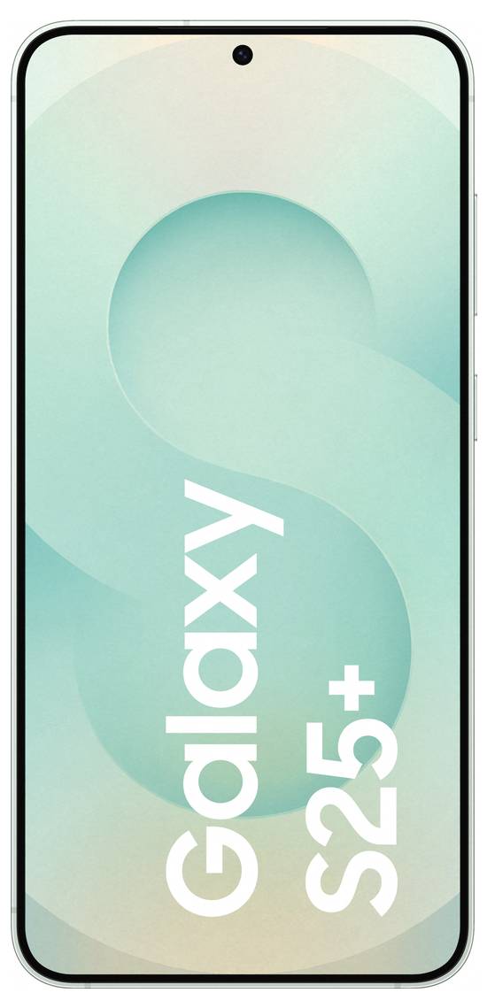 Smartphone 'Galaxy S25+', Vorderansicht mit großem Display und Kameraloch oben. Grünen Hintergrund mit 'Galaxy S25+'-Aufschrift.