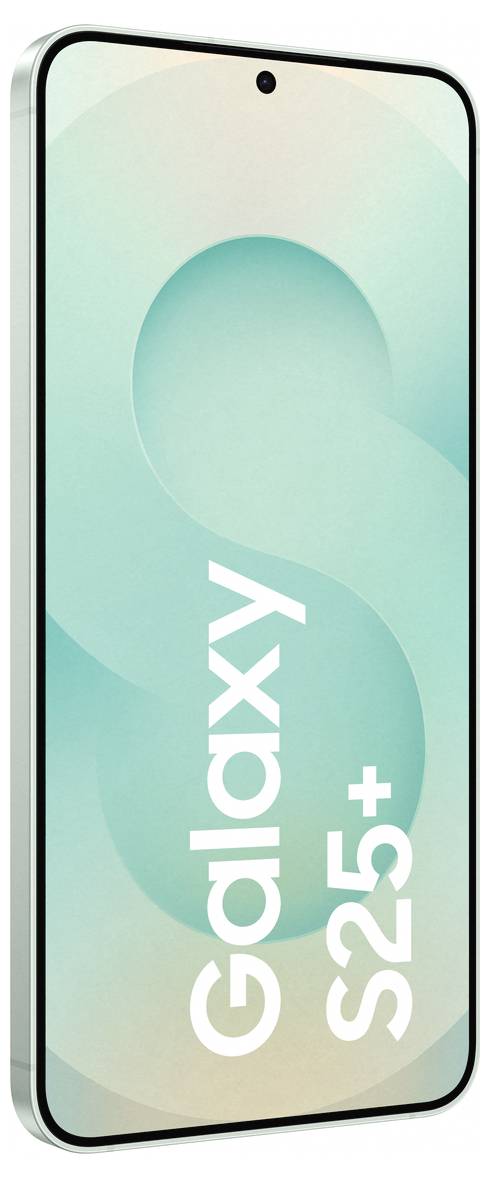 Smartphone mit mintfarbenem Bildschirm und weißem Text 'Galaxy S25+'. Rechteckiges Design mit abgerundeten Ecken und Kameraloch.