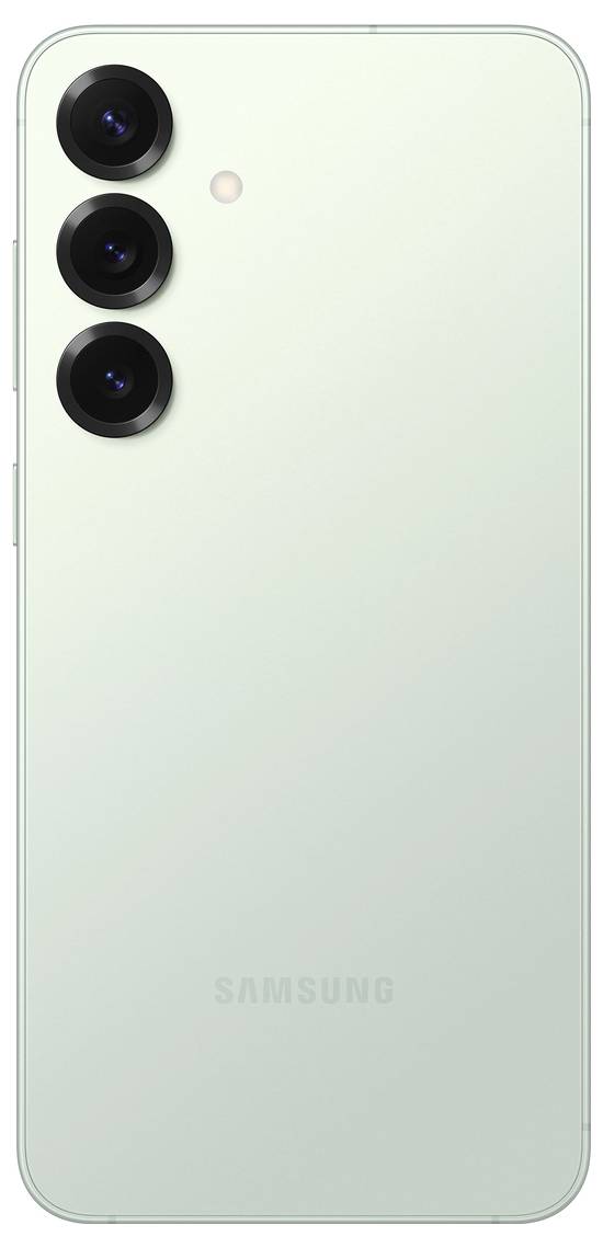 Ein Smartphone mit drei Kameras auf der Rückseite in einer vertikalen Linie, darunter das Samsung-Logo. Farbe: Hellgrün.