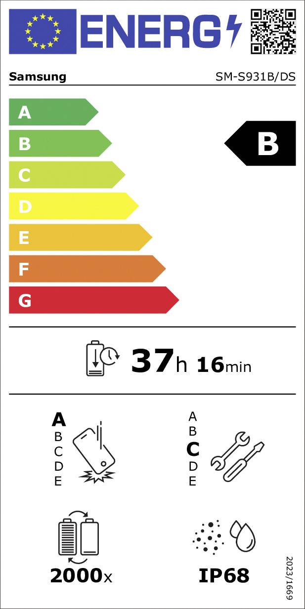 Energielabel für SM-S931B/DS: Klasse B. Energie Vollladung: 37h 16min. Batteriezyklen: 2000x. IP68 Schutzklasse.