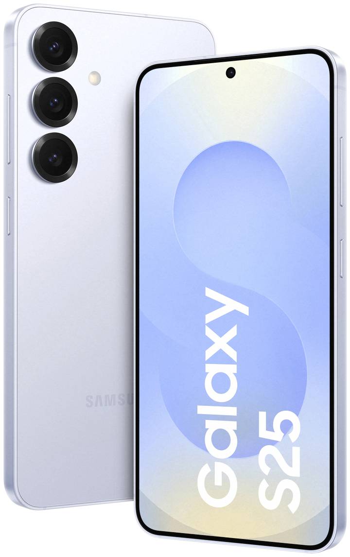 Smartphone mit drei Kameras und blauem Display mit Text 'Galaxy S25'. Modernes Design mit abgerundeten Ecken.