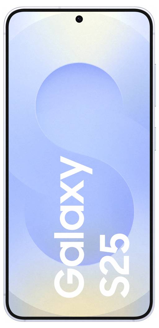 Ein Smartphone mit einem Display, auf dem 'Galaxy S25' steht. Hintergrund in Blau- und Gelbtönen.