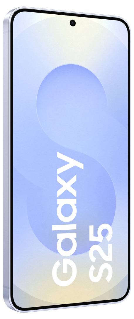 Ein Smartphone mit einem minimalen Rahmen und einem Kameraloch oben auf dem Bildschirm, mit der Aufschrift 'Galaxy S25'.
