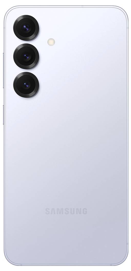 Rückseite eines Smartphones mit drei vertikalen Kameralinsen und einem Blitz. Das Gehäuse ist hellgrau, Markenname unten.
