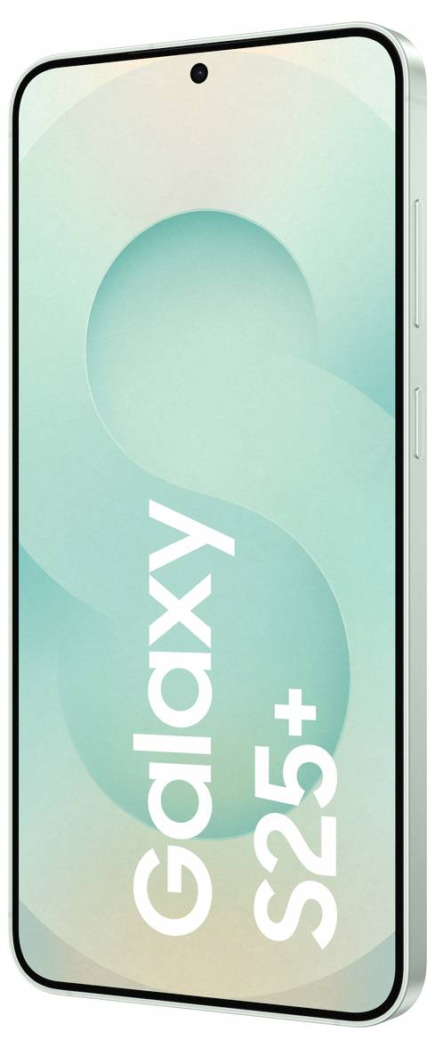 Ein Smartphone-Modell 'Galaxy S25+' mit einem großen Display und abgerundeten Ecken, dargestellt vor einem abstrakten, blau-grünen Hintergrund.