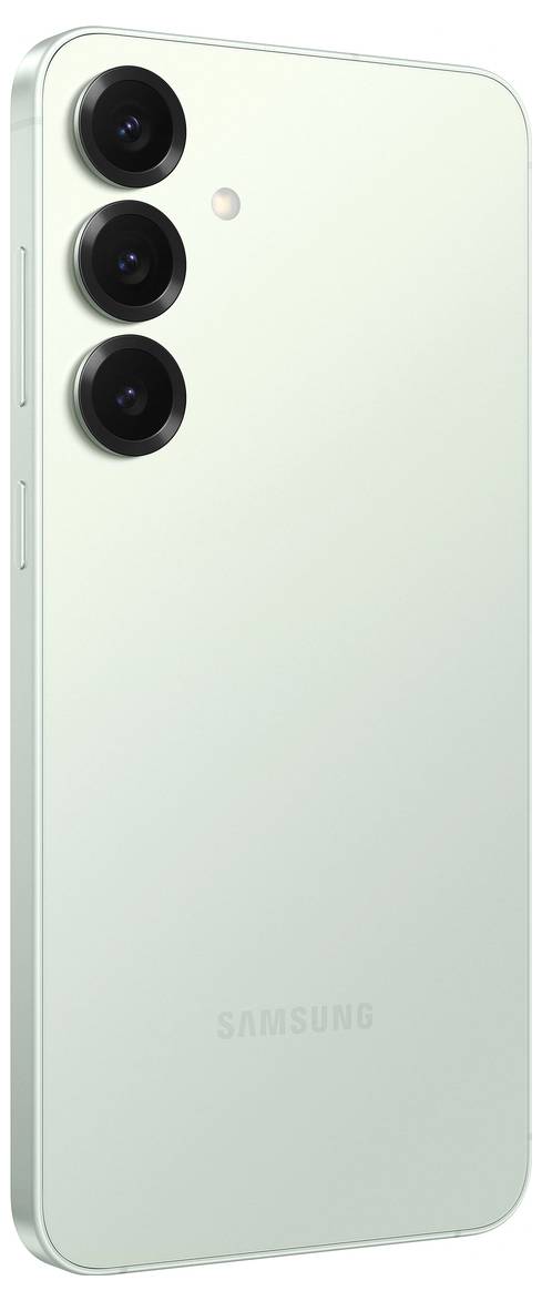 Smartphone mit dreifacher Rückkamera, grünliches Gehäuse, seitliche Ansicht. Markenname 'Samsung' unten auf der Rückseite sichtbar.