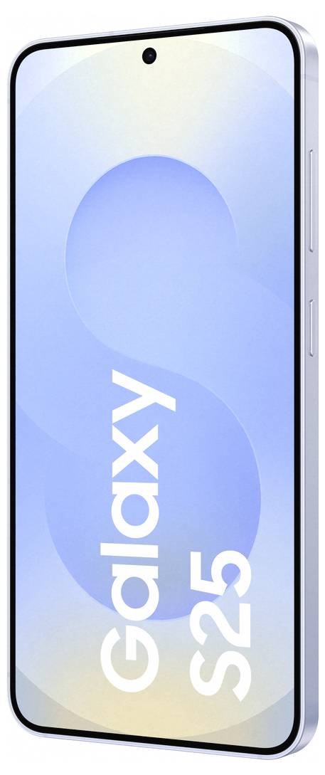 Smartphone mit einem blauen Farbverlauf auf dem Bildschirm; das Display zeigt den Text 'Galaxy S25'.