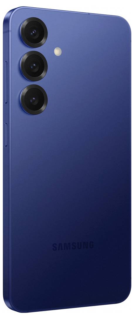 Blaues Samsung-Smartphone mit drei hinteren Kameralinsen und einem Blitzlicht auf der linken Seite.