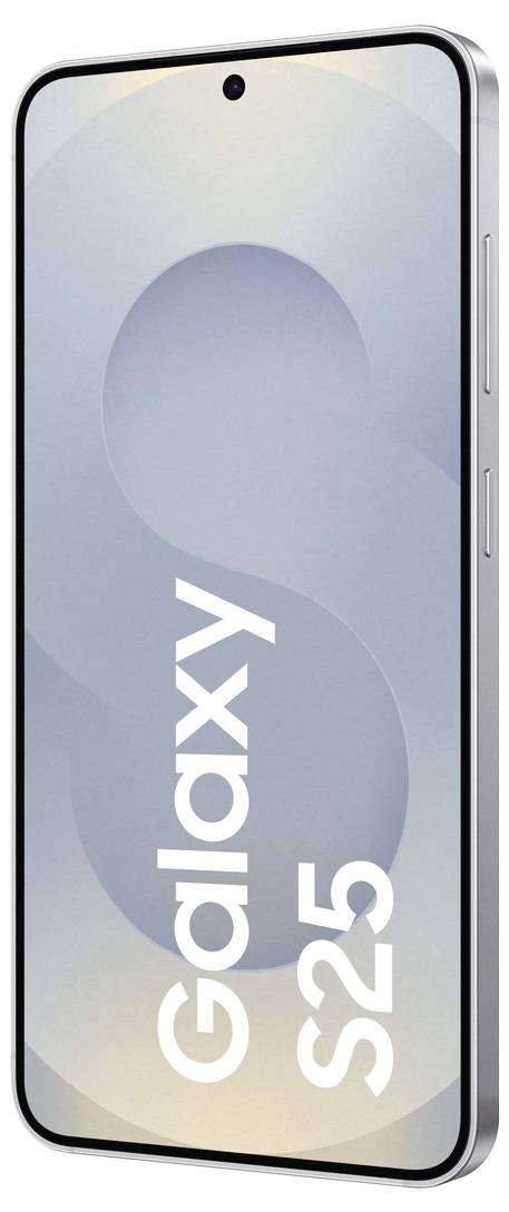 Smartphone mit schmalem Rahmen und Bildschirm an. Display zeigt stilisiertes 'S' und 'Galaxy S25'.
