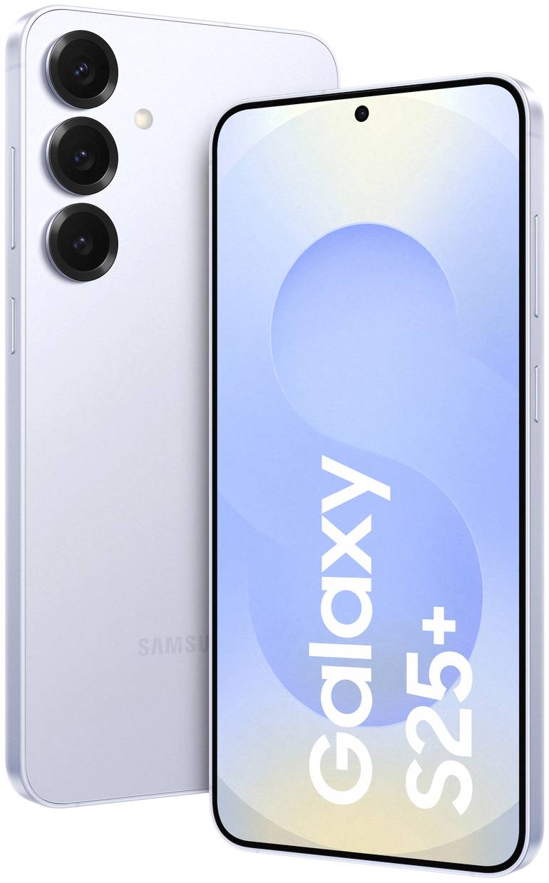Smartphone mit drei Kameras hinten, abgerundetes Design. Auf dem Bildschirm steht 'Galaxy S25+'. Gerät in hellem Metallic.