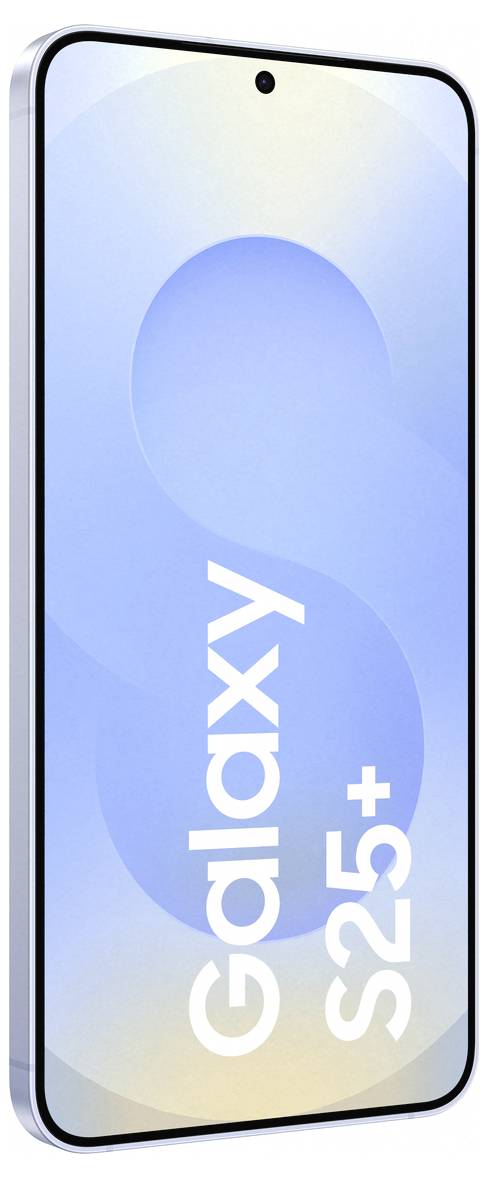 Smartphone mit seitlichem Profil, zeigt das Display mit verschwommenem blauem Hintergrund und weißem Text 'Galaxy S25+' entlang des Bildschirms.