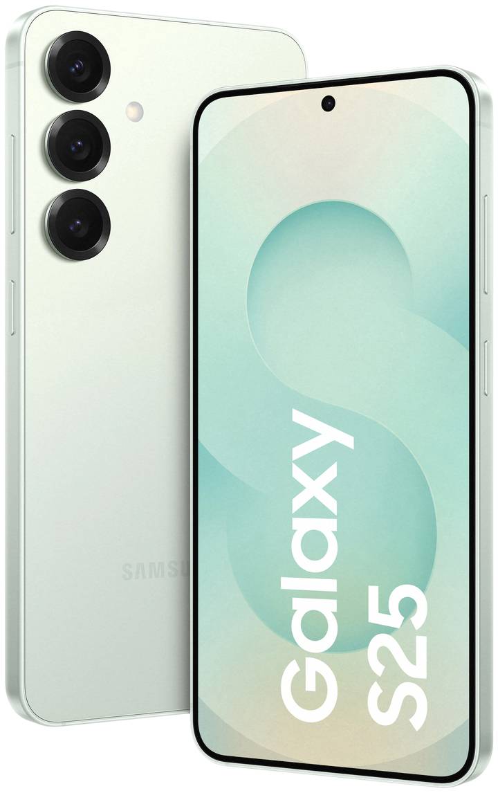 Ein Handy mit drei Kameras auf der Rückseite und einem Display auf der Vorderseite. Auf dem Display steht 'Galaxy S25'.