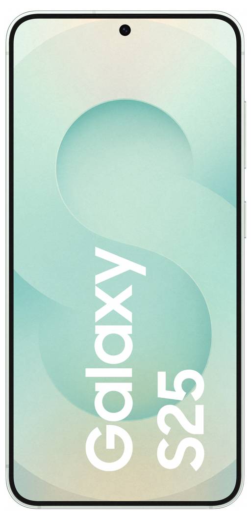 Smartphone mit großem Display, zeigt den Text 'Galaxy S25' auf einem blau-grünen Hintergrund.