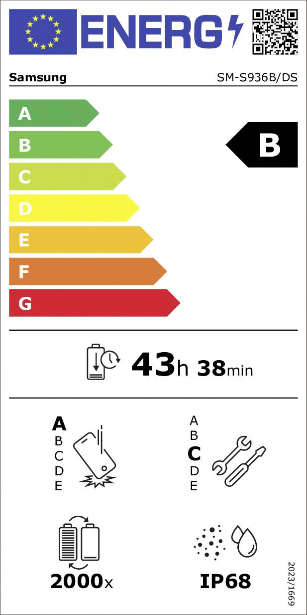 'ENERGIE'-Etikett für Samsung SM-S936B/DS. Energieeffizienzklasse B. Batterielaufzeit 43h 38min bei 2000x Ladungen. Mit IP68-Bewertung für Wasser- und Staubresistenz.