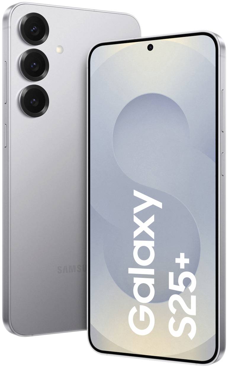 Smartphone Samsung Galaxy S25+ in Silber, Vorder- und Rückansicht. Sichtbare Kameraobjektive auf der Rückseite, glänzendes Design.