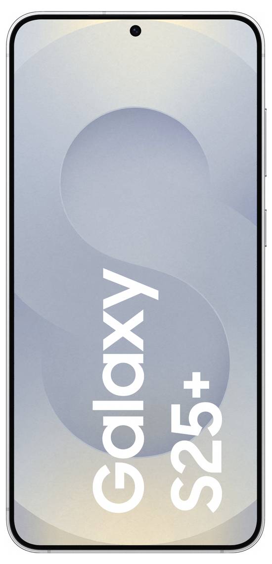 Smartphone-Display mit der Aufschrift 'Galaxy S25+'. Hintergrund in sanften Grautönen, zentraler Kameraloch.
