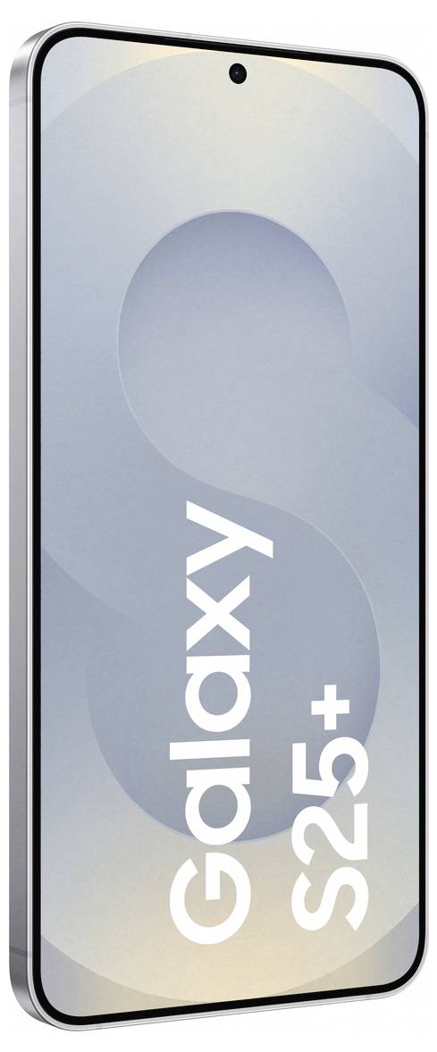 Ein Smartphone mit der Aufschrift 'Galaxy S25+' auf dem Bildschirm. Das Gerät hat ein schlankes, modernes Design mit abgerundeten Ecken.