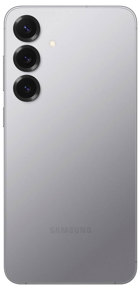 Ein modernes Smartphone in Silber mit drei Kameras auf der Rückseite.