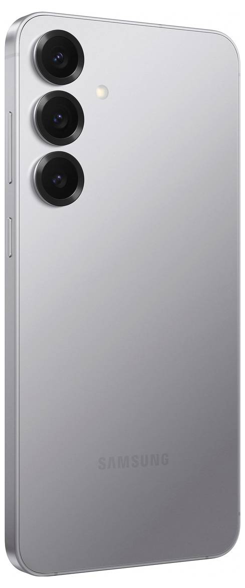 Rückansicht eines modernen Smartphones mit drei Kameralinsen in vertikaler Anordnung und silbernem Gehäuse.