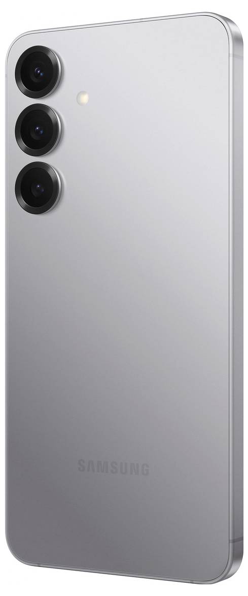 Ein silbernes Smartphone mit drei vertikalen Kameras auf der Rückseite und einem LED-Blitz rechts daneben.