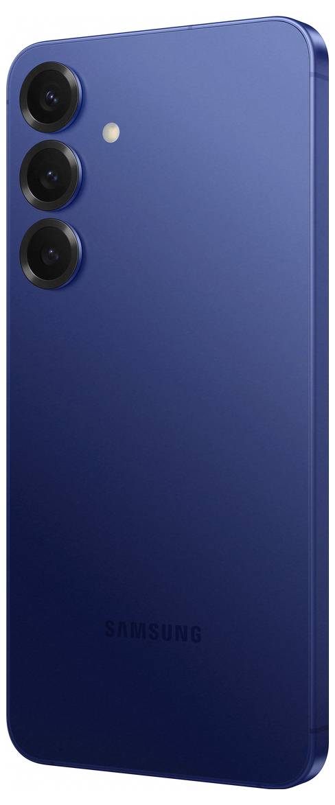Rückansicht eines blauen Smartphones mit drei Kameraobjektiven und einem LED-Blitz oben links.