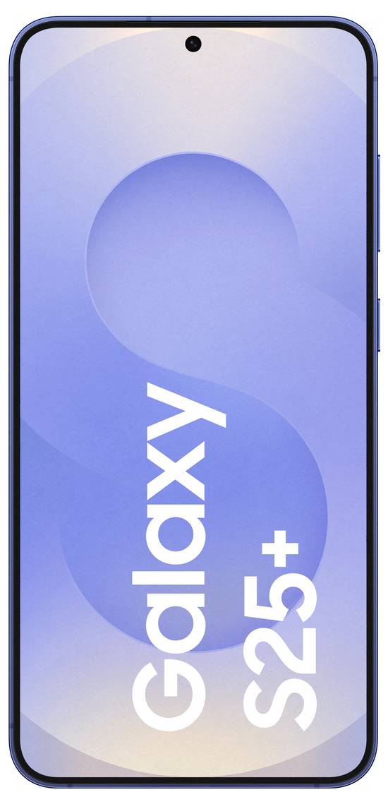 Smartphone mit blauem Display und der Aufschrift 'Galaxy S25+'.