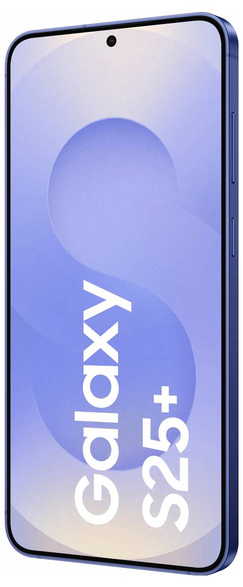 Smartphone in Blau mit großem Display, markiert mit 'Galaxy S25+', vertikal ausgerichtet, zeigt modernes Design und schlanke Seiten.