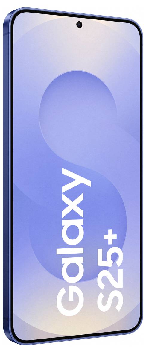 Smartphone mit blauem Rand und Display mit der Aufschrift 'Galaxy S25+'. Bildschirm zeigt minimalistisches Design.