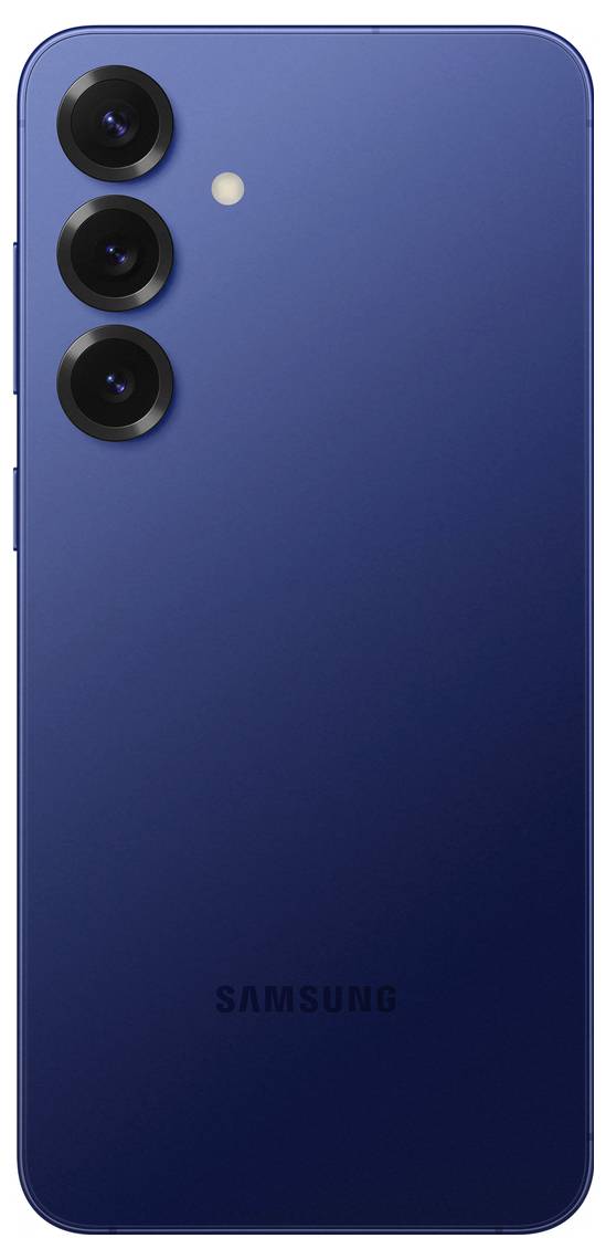 Ein blaues Smartphone von hinten mit drei vertikalen Kameralinsen und einem LED-Blitz auf der linken oberen Seite. Markenname unten.