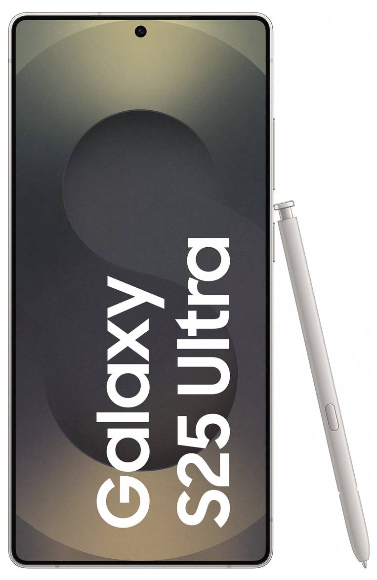 Smartphone Galaxy S25 Ultra in Silber mit einem Stift daneben. Auf dem Bildschirm steht 'Galaxy S25 Ultra'.