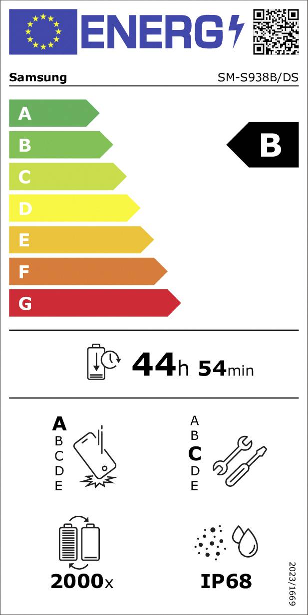 Energielabel für Samsung SM-S938B/DS. Energieeffizienzklasse: B. Akkulaufzeit: 44 Std. 54 Min. 2000 Ladezyklen, IP68 Wasserbeständigkeit.