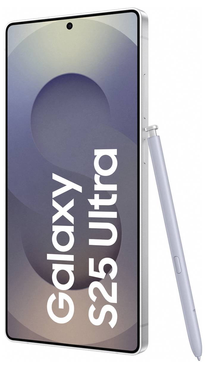 Smartphone mit 'Galaxy S25 Ultra' auf dem Bildschirm und einem Stift an der Seite, Abmessung: 7,8 Zoll. Elegantes Design.