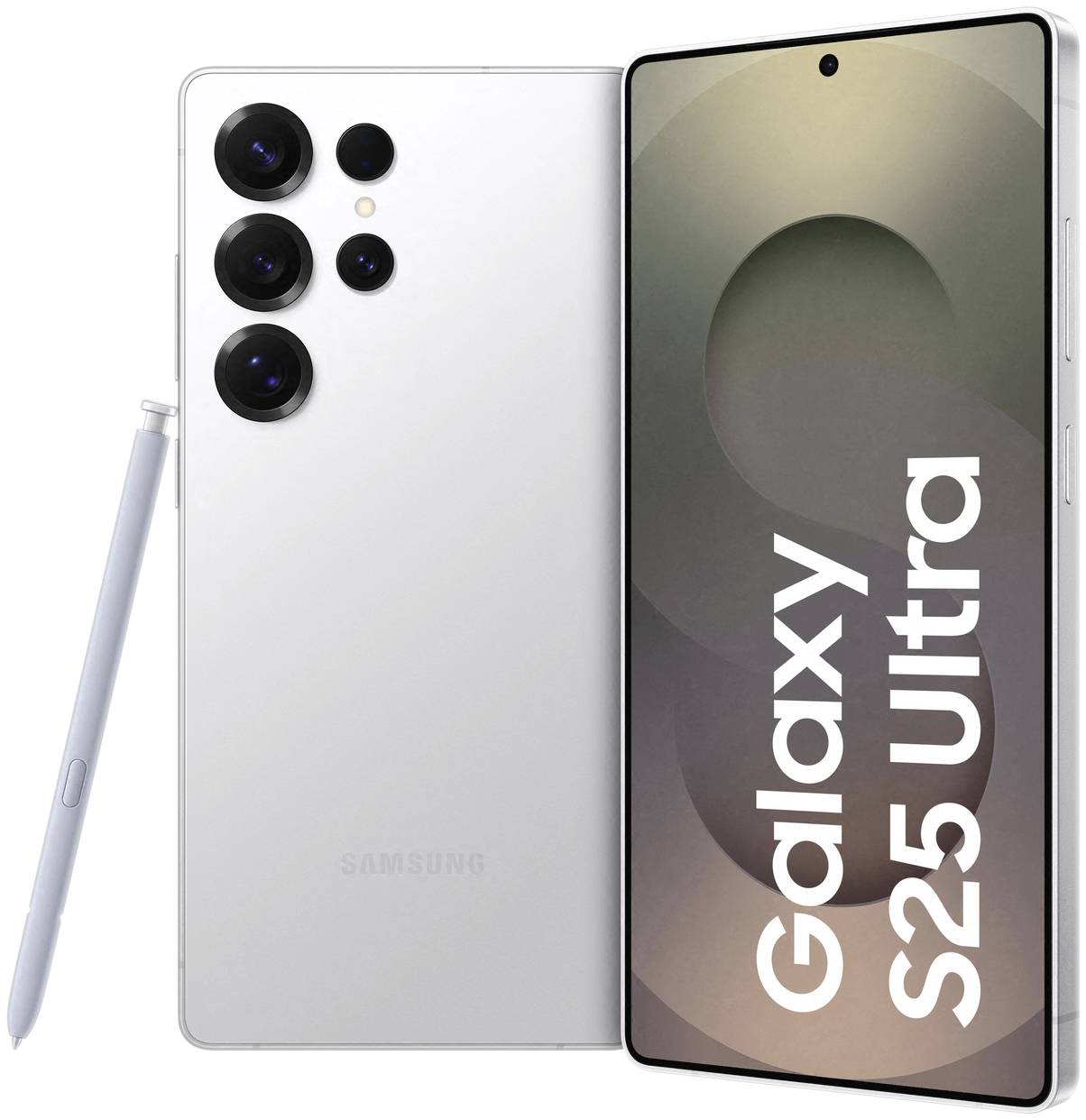 Smartphone Samsung Galaxy S25 Ultra in Weiß mit S Pen-Stift. Die Vorderseite zeigt ein Display mit 