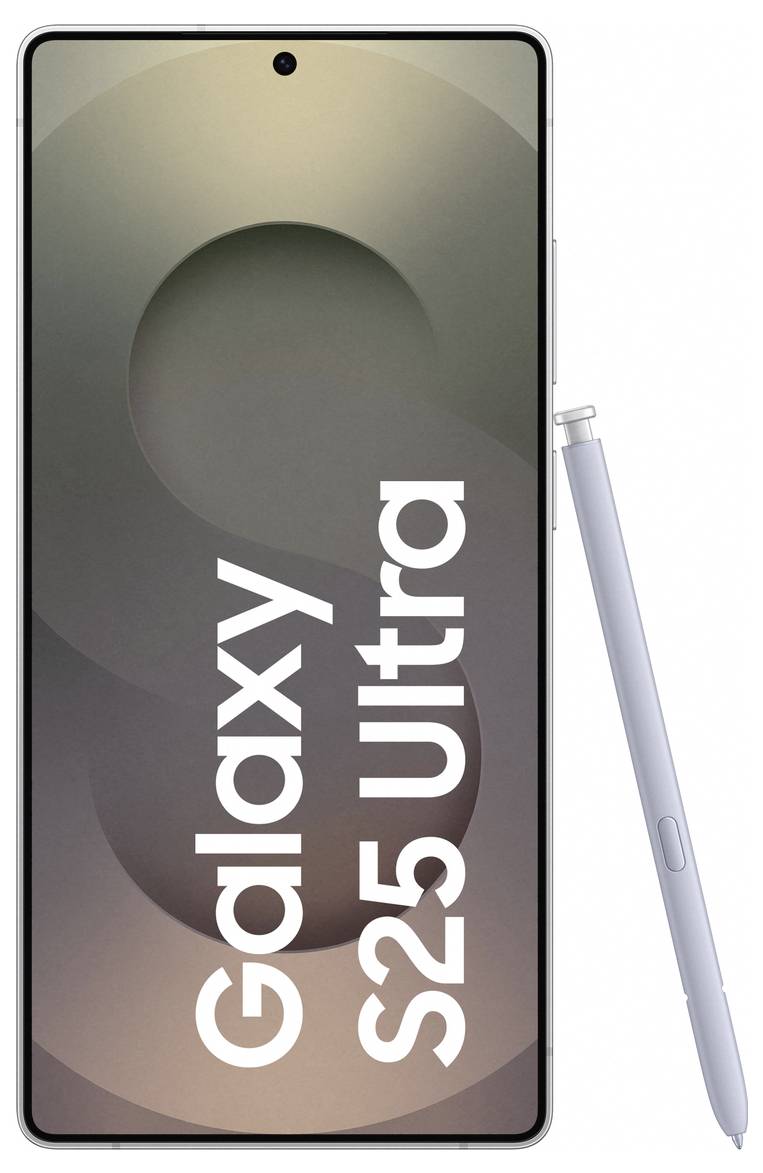 Smartphone Galaxy S25 Ultra in Schwarz mit großem Display und dünnem Rahmen. Ein silberner Stylus liegt rechts daneben.