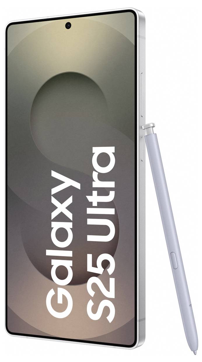 Smartphone Galaxy S25 Ultra in Silber, mit einem abgenommenen Stift rechts.