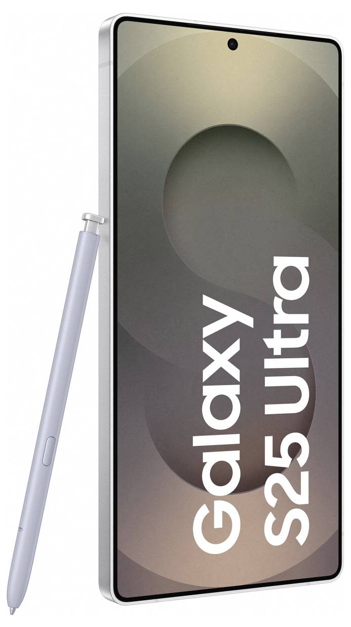 Smartphone mit Aufschrift 'Galaxy S25 Ultra', zeigt Vorderansicht mit flachem Bildschirmdesign und abgebildetem Stift an der Seite.