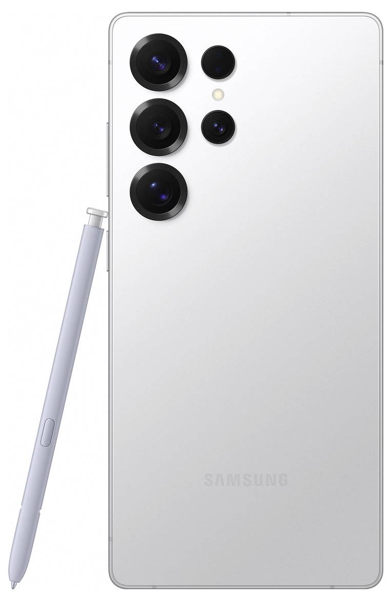 Ein weißes Smartphone mit mehreren Kameralinsen auf der Rückseite und einem beiliegenden Eingabestift.