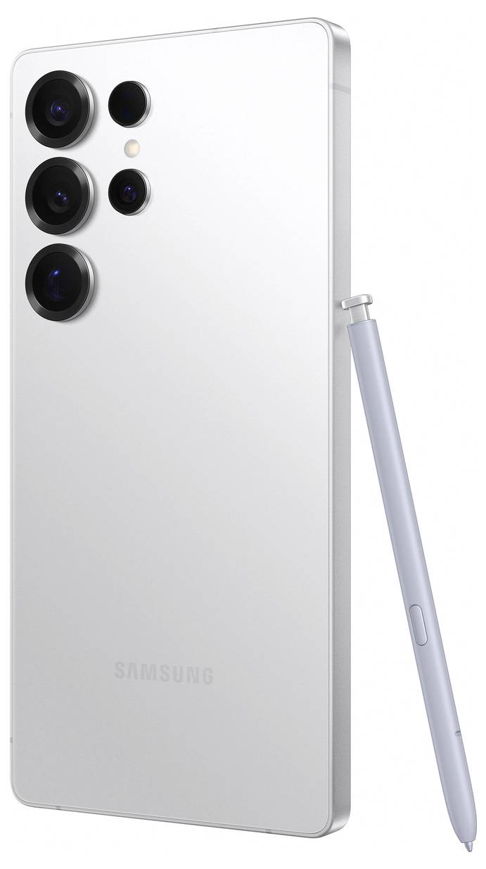 Ein modernes Smartphone in Silber mit vier Kameralinsen auf der Rückseite, daneben liegt ein passender Stift.