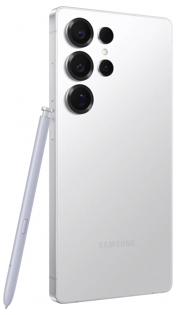 Ein Smartphone in Silber mit vier Kameralinsen und einem Stylus, der seitlich positioniert ist.