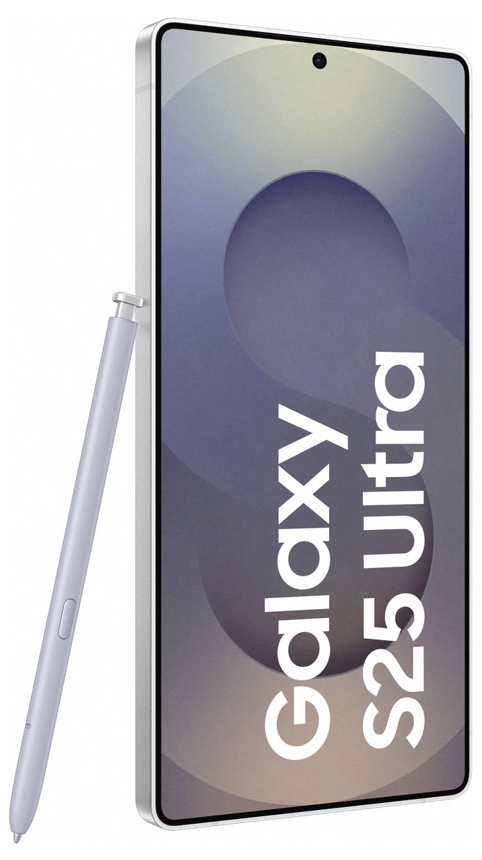 Smartphone mit abgerundeten Ecken und Stift. Text auf dem Bildschirm: 'Galaxy S25 Ultra'. Gerät in modernem Design.